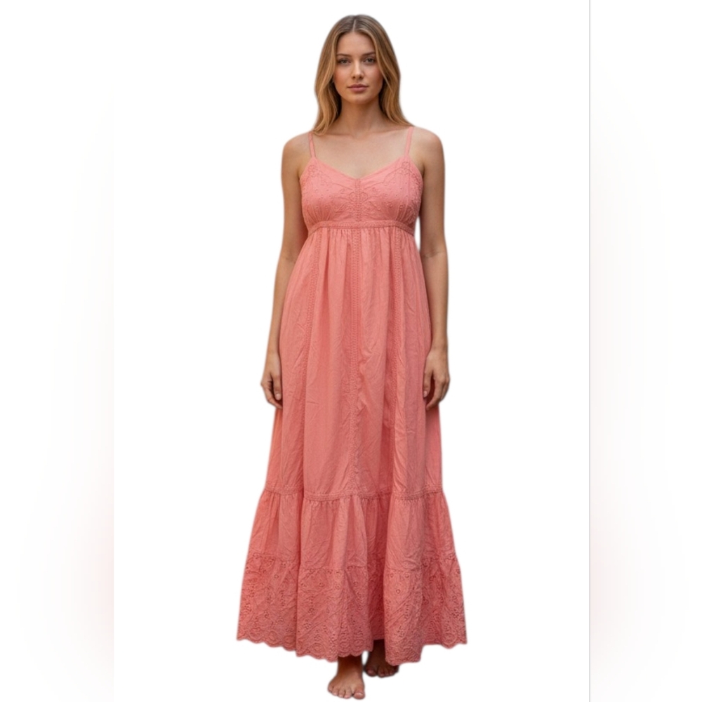 Vintage Tiered Maxi Dress Cottagecore Prairie Eyelet Embroidered Cotton XS Coral